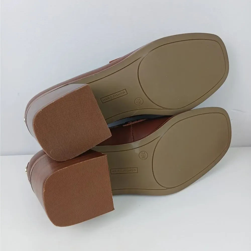 Marc Fisher Women's SZ 7.5 Vegan Leather Kchris Heeled Loafers In Brown NEW